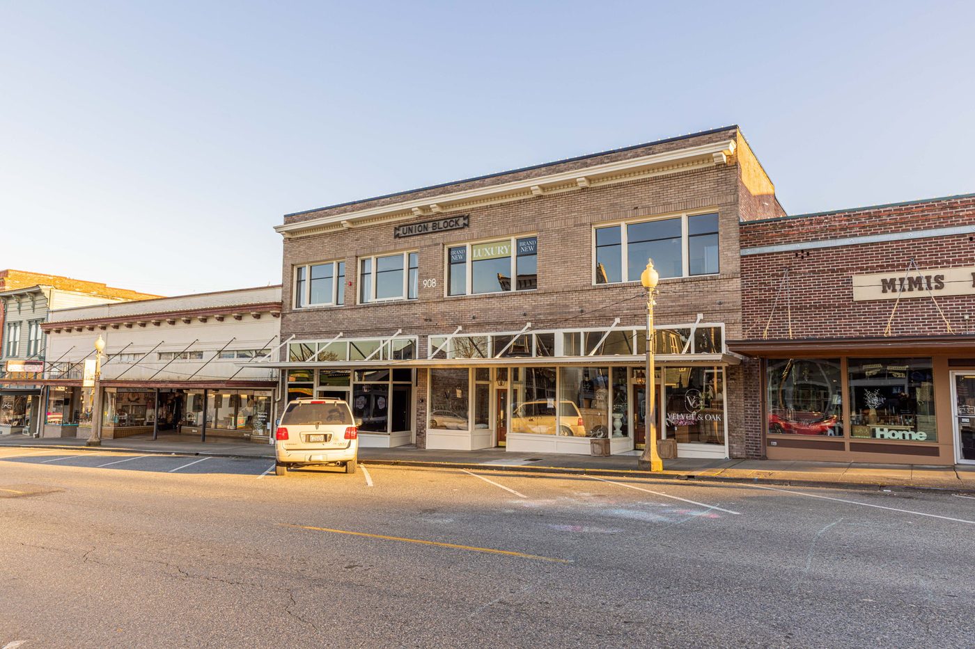 Historic First Street storefronts in downtown Snohomish, Washington at golden hour