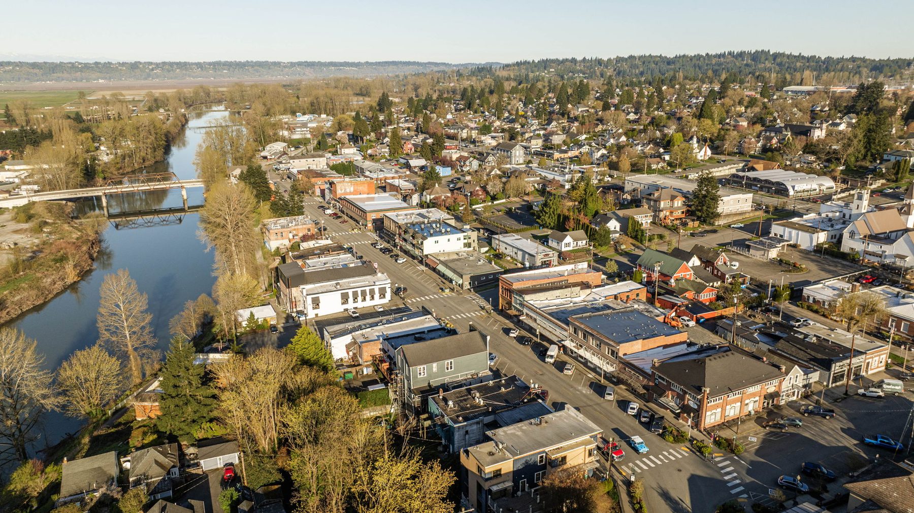 Aerial view of downtown Snohomish along the Snohomish River at golden hour