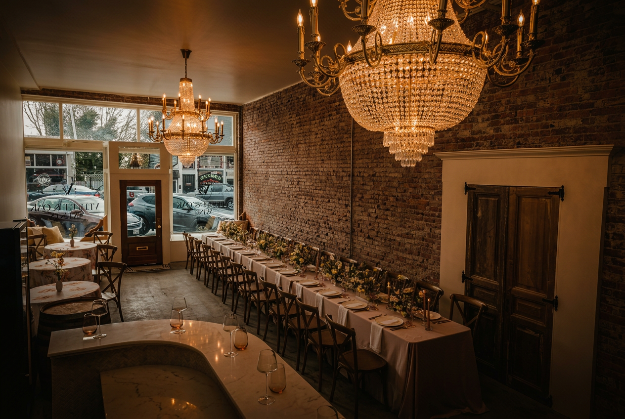 Candlelit event room at Velvet & Oak beneath The 908 in Snohomish, set with a long dinner table beneath crystal chandeliers